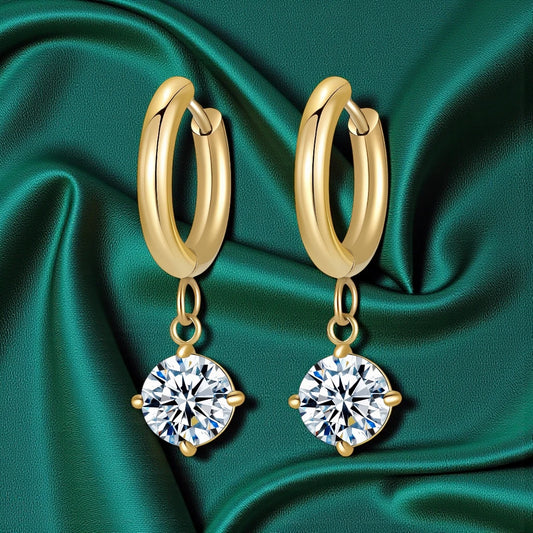 Round Cubic Zirconia 18K Gold Plated Stainless Steel Waterproof Drop Earrings