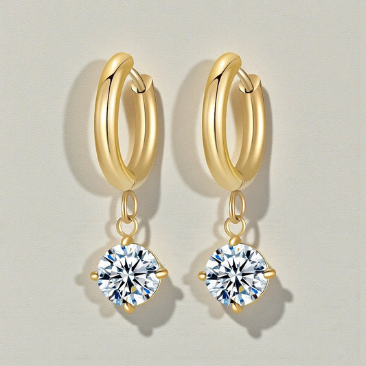 Round Cubic Zirconia 18K Gold Plated Stainless Steel Waterproof Drop Earrings