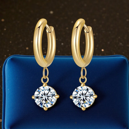 Round Cubic Zirconia 18K Gold Plated Stainless Steel Waterproof Drop Earrings