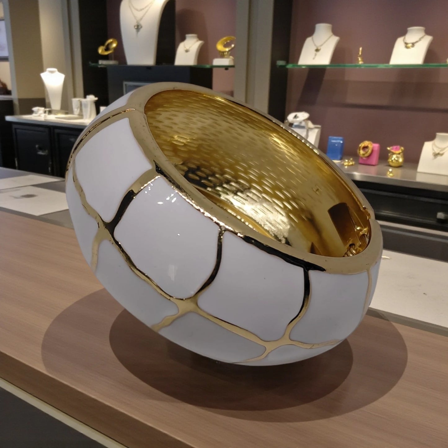 Gold White Wide Wrist Hinged Bangle Bracelet