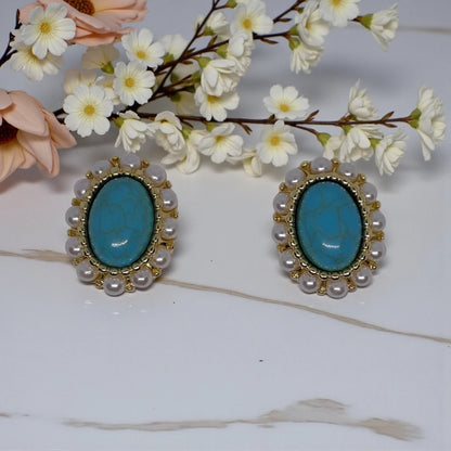 Turquoise Stud Earrings with Faux Pearls Oval Shape