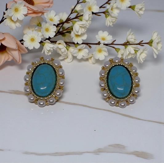 Turquoise Stud Earrings with Faux Pearls Oval Shape