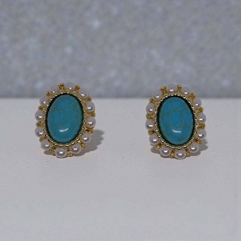 Turquoise Stud Earrings with Faux Pearls Oval Shape