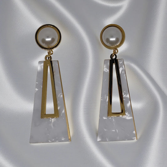 Gold Tone White Dangle Stainless Steel Earrings