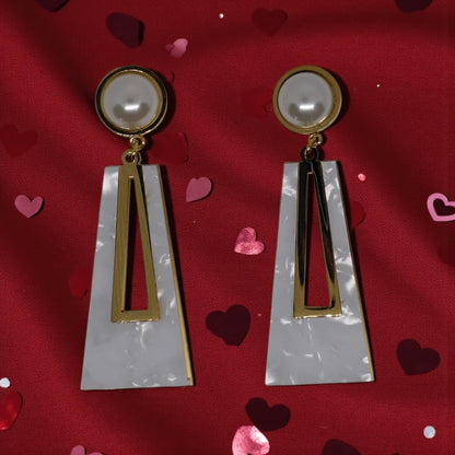 Gold Tone White Dangle Stainless Steel Earrings