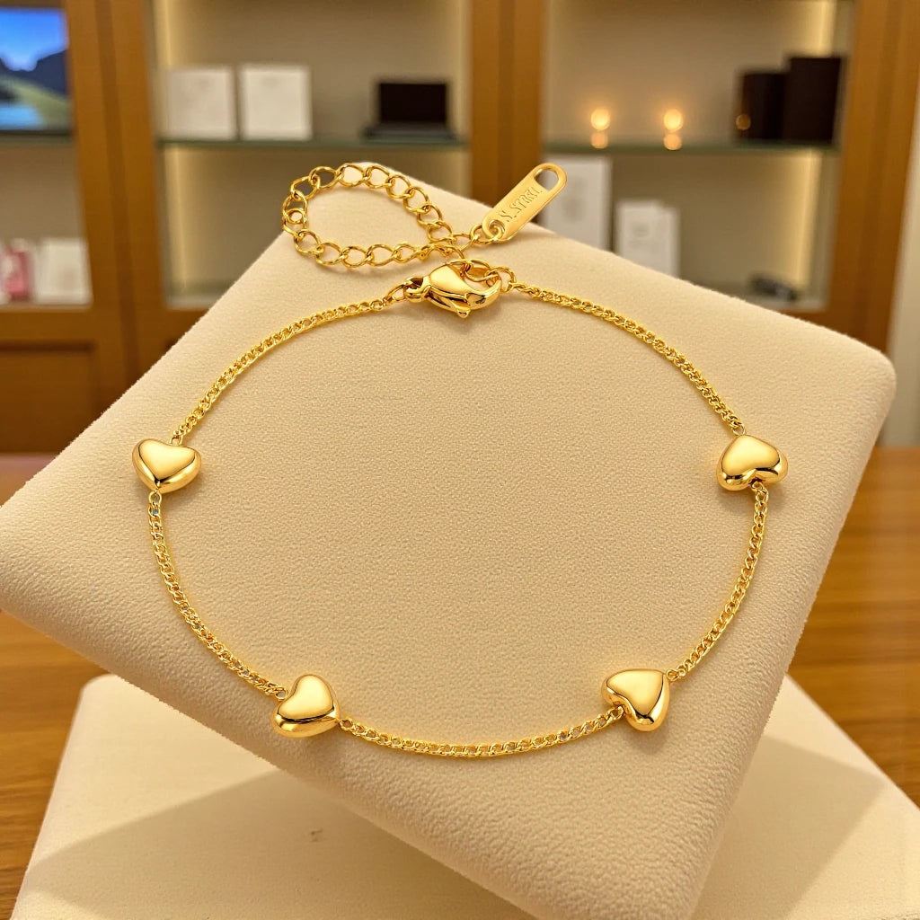 Waterproof 18K Gold Plated Stainless Steel Puffy Heart Chain Bracelet
