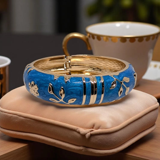 Enamel Open Blue Bracelet with Floral Design