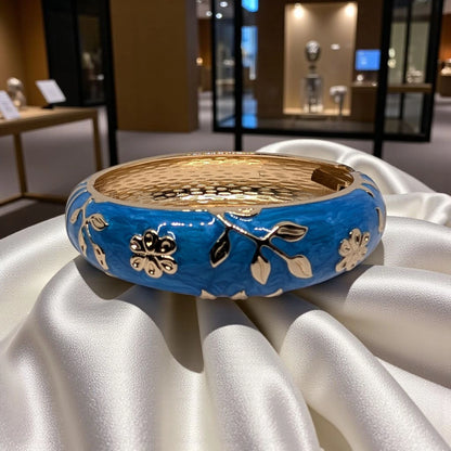 Enamel Open Blue Bracelet with Floral Design