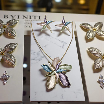 Gold Floral Enamel Pendant Set with Earrings