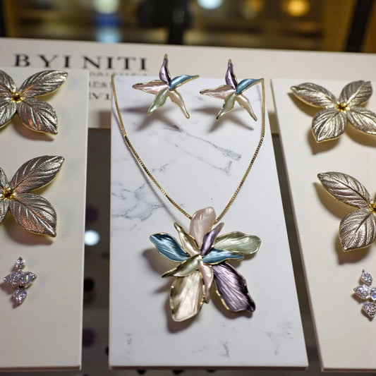 Gold Floral Enamel Pendant Set with Earrings