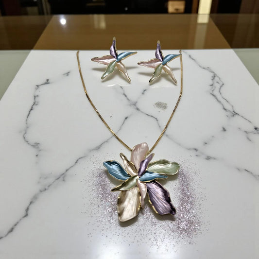 Gold Floral Enamel Pendant Set with Earrings