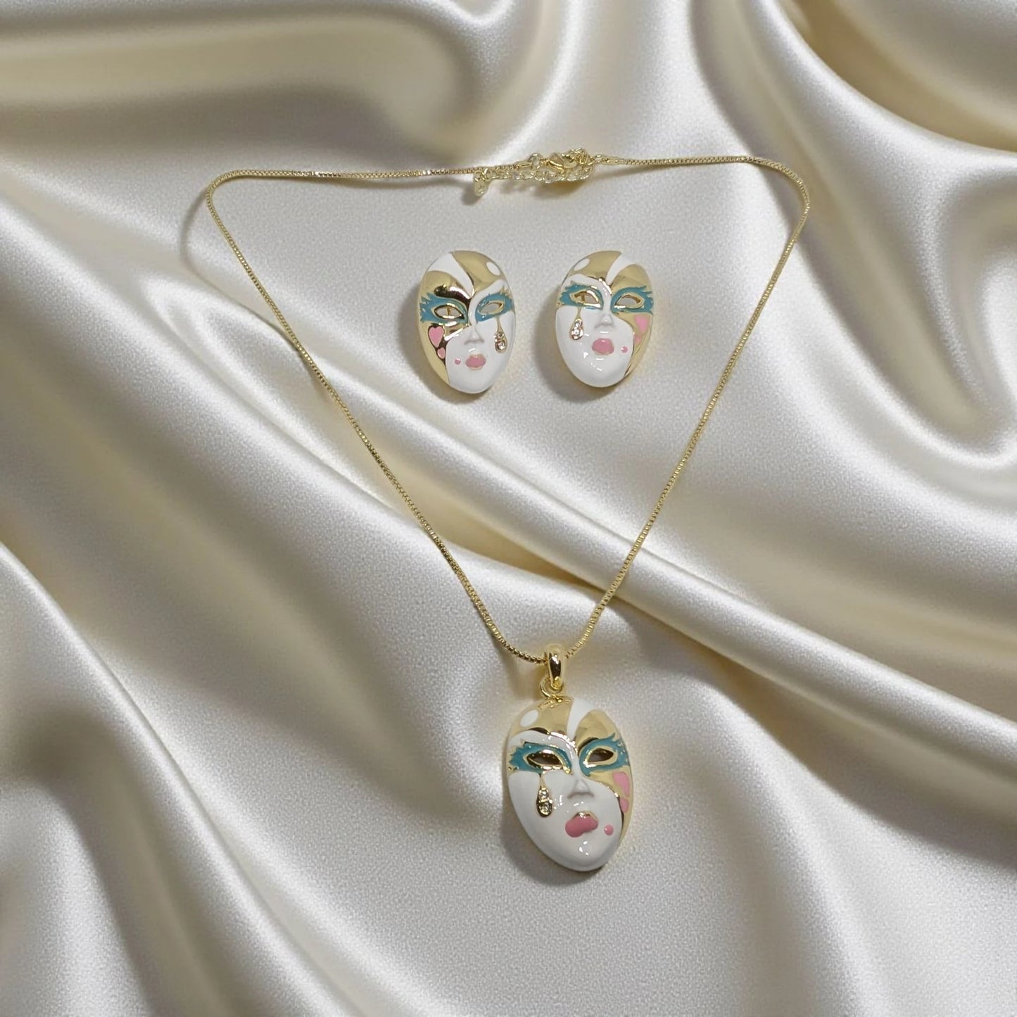 Crying Mask Shape Enamel Pendant Set with Earrings