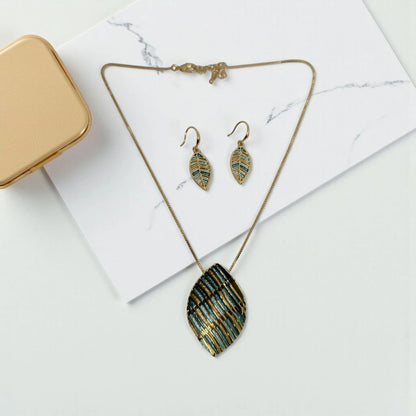 Gold Leaf Shape Green Pendant Set with Earrings