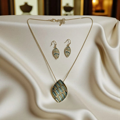 Gold Leaf Shape Green Pendant Set with Earrings