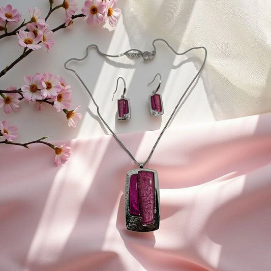 Silver Rectangle Pink Pendant Set with Earrings