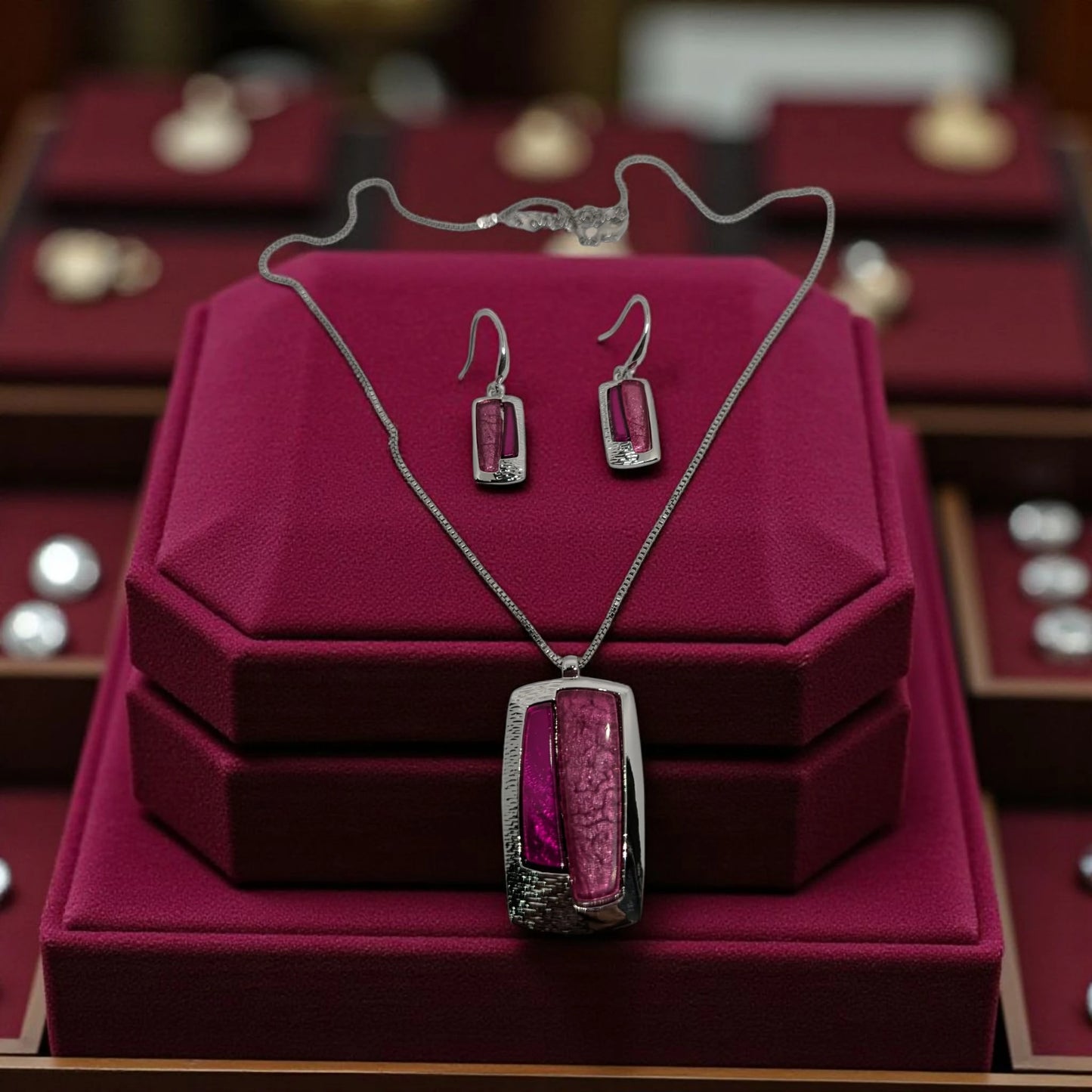 Silver Rectangle Pink Pendant Set with Earrings