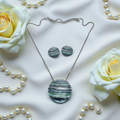 Silver Round Shape Blue Pendant Set with Earrings
