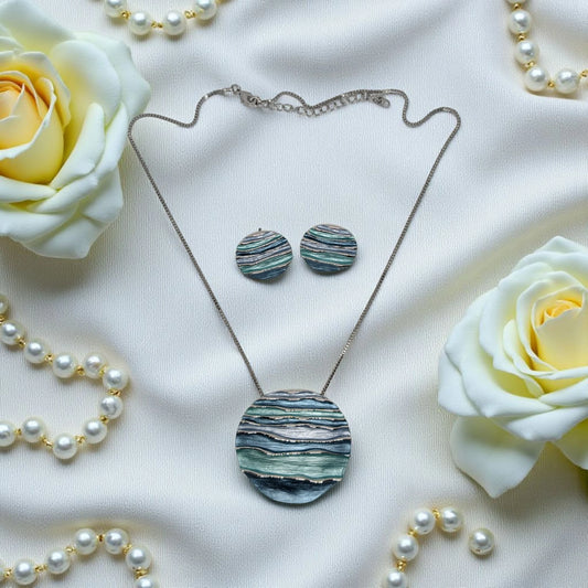 Silver Round Shape Blue Pendant Set with Earrings