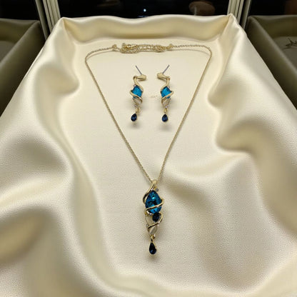 Gold Plated Blue Stone Pendant Set with Earrings