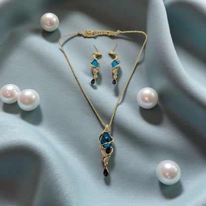 Gold Plated Blue Stone Pendant Set with Earrings
