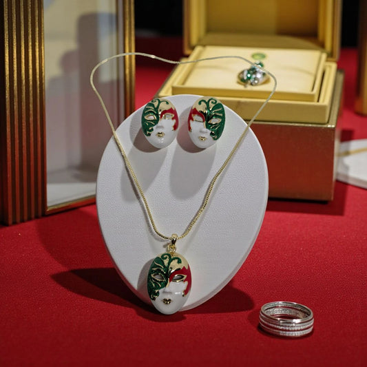 Mask Shape Enamel Pendant Set with Earrings