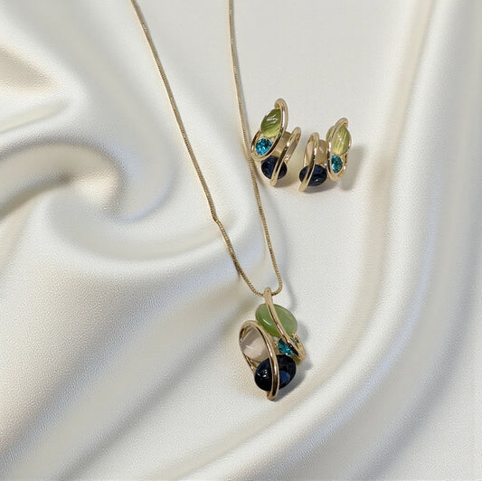 Gold-Tone Abstract Pendant and Earring set with Dark Navi Blue Multi-Coloured Stones
