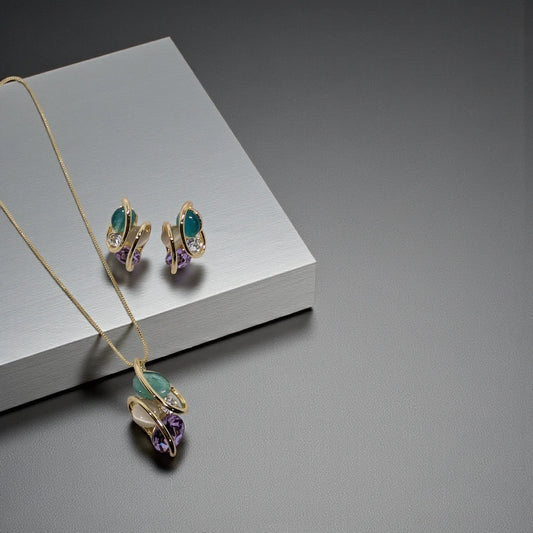 Gold-Tone Abstract Pendant and Earring set with Multi-Coloured Stones