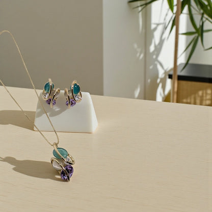 Gold-Tone Abstract Pendant and Earring set with Multi-Coloured Stones