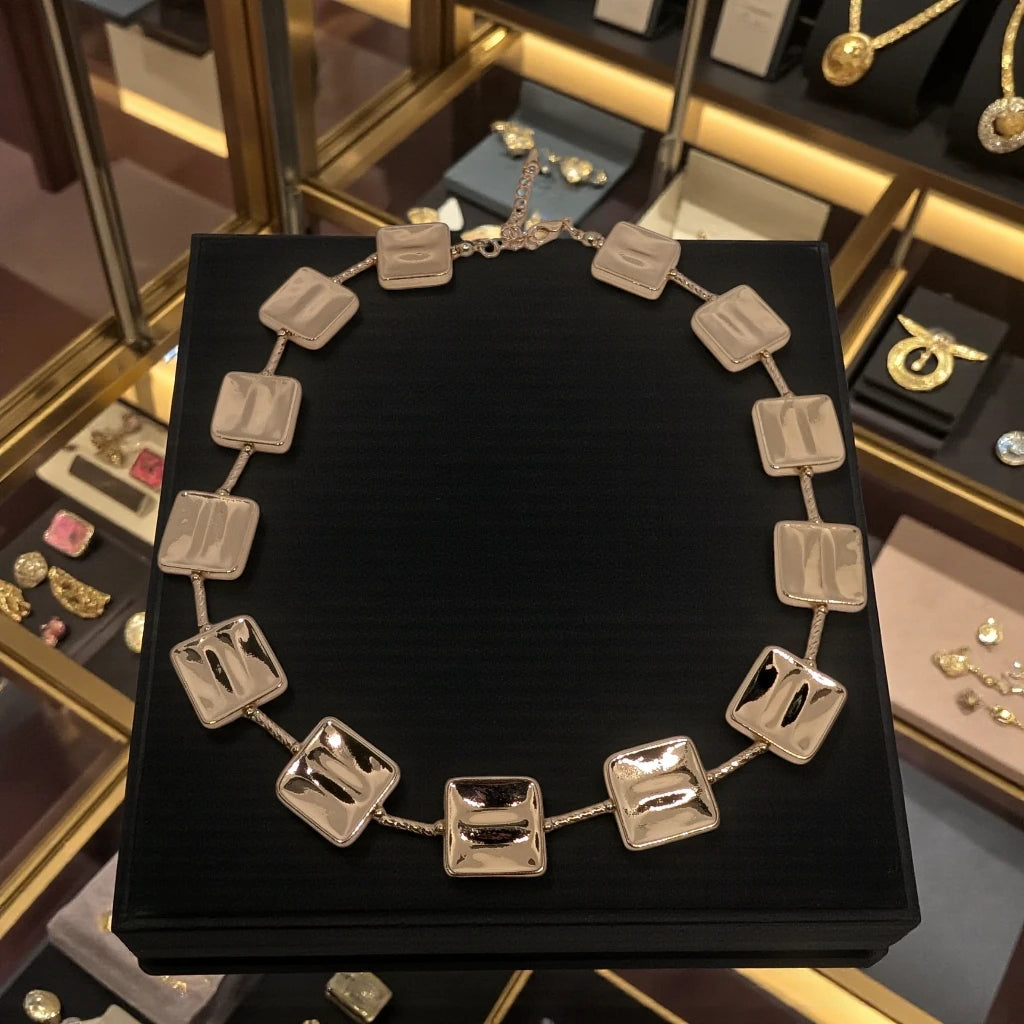 Gold Textured Square Link Necklace