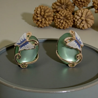 Pale Green Cabochon and Butterfly Stud Earrings