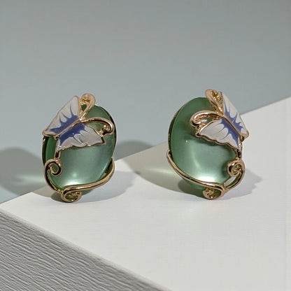 Pale Green Cabochon and Butterfly Stud Earrings