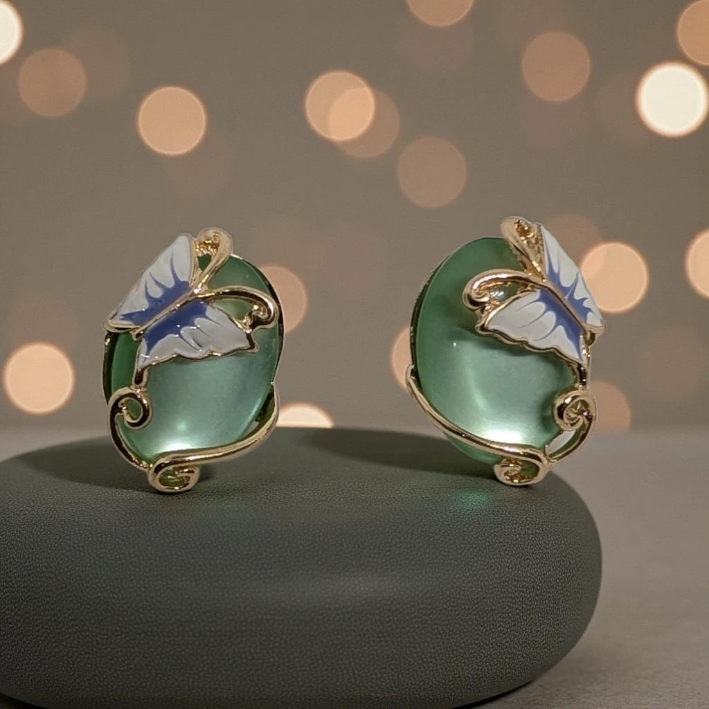 Pale Green Cabochon and Butterfly Stud Earrings