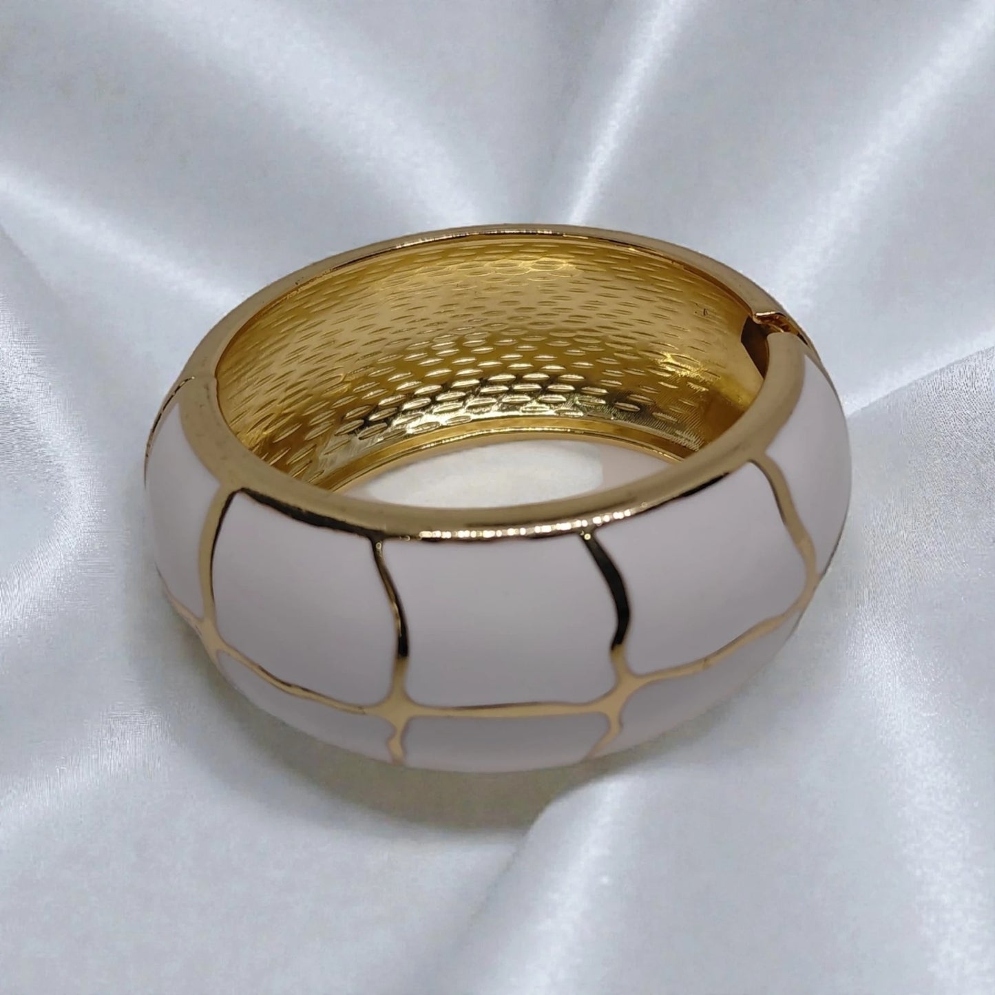 Gold White Wide Wrist Hinged Bangle Bracelet