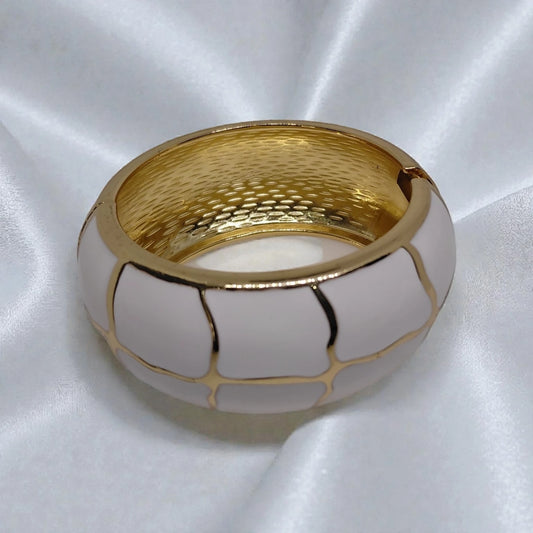 Gold White Wide Wrist Hinged Bangle Bracelet