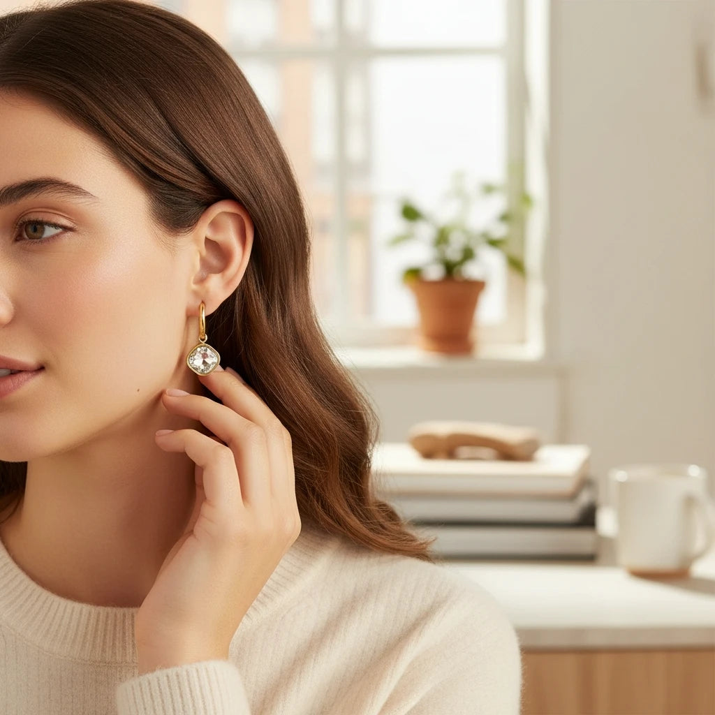 18K Gold Plated Stainless Steel Cushion Drop Earrings