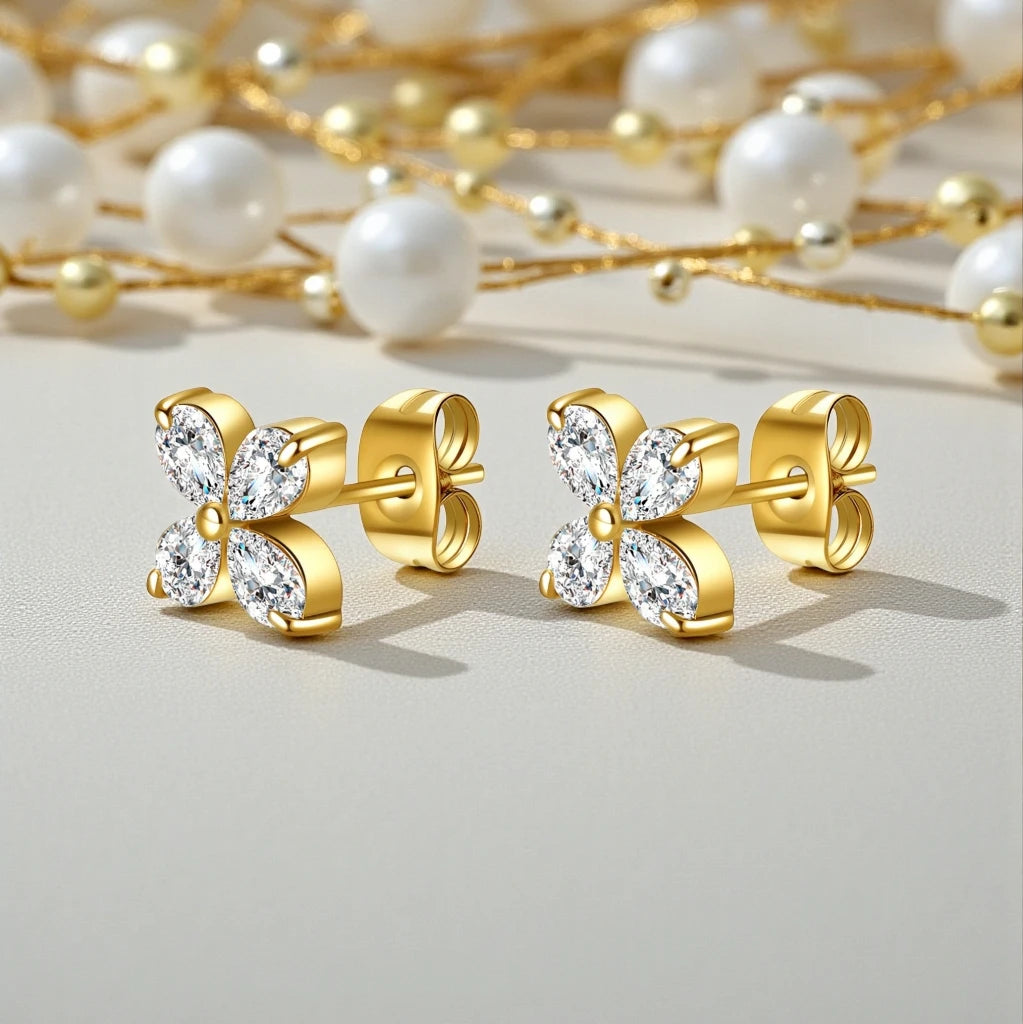 Waterproof 18K Gold Plated Stainless Steel Floral Marquise Stud Earrings