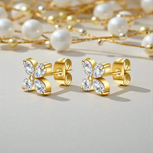 Waterproof 18K Gold Plated Stainless Steel Floral Marquise Stud Earrings