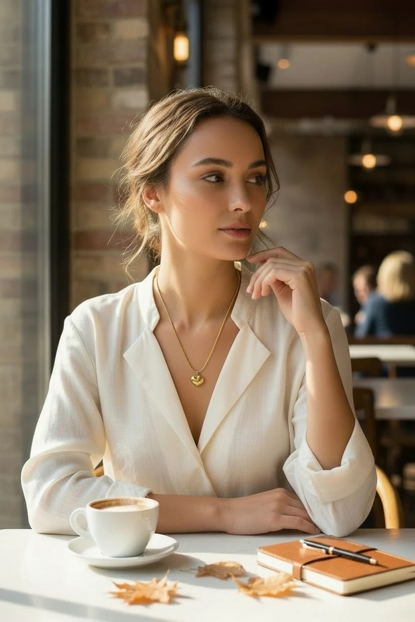 18K Gold Plated Stainless Steel Waterproof Puffy Heart Pendant Necklace