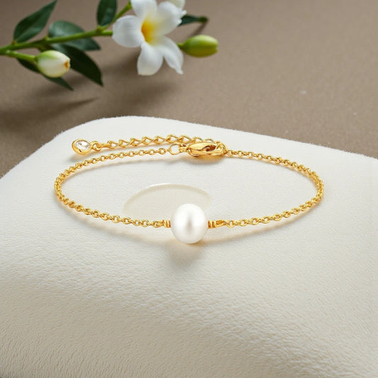 18K Gold Plated Stainless Steel Pearl Charm Bracelet