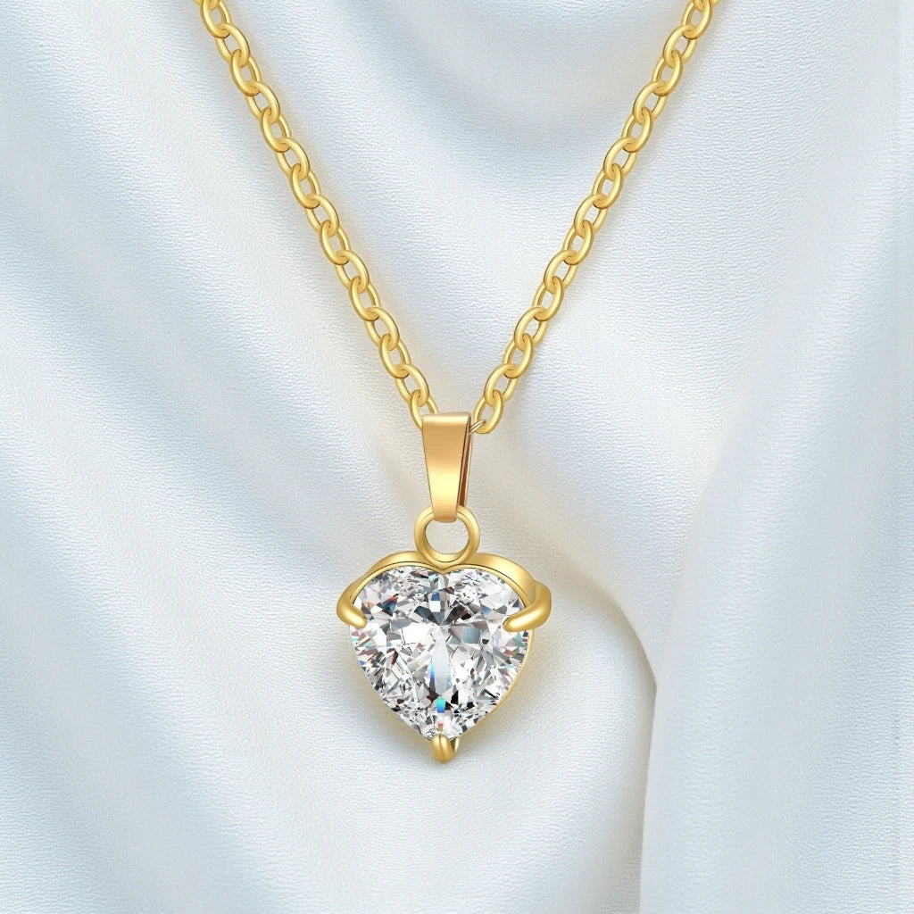 Waterproof Gold Plated Stainless Steel Cubic Zirconia Heart Pendant Necklace