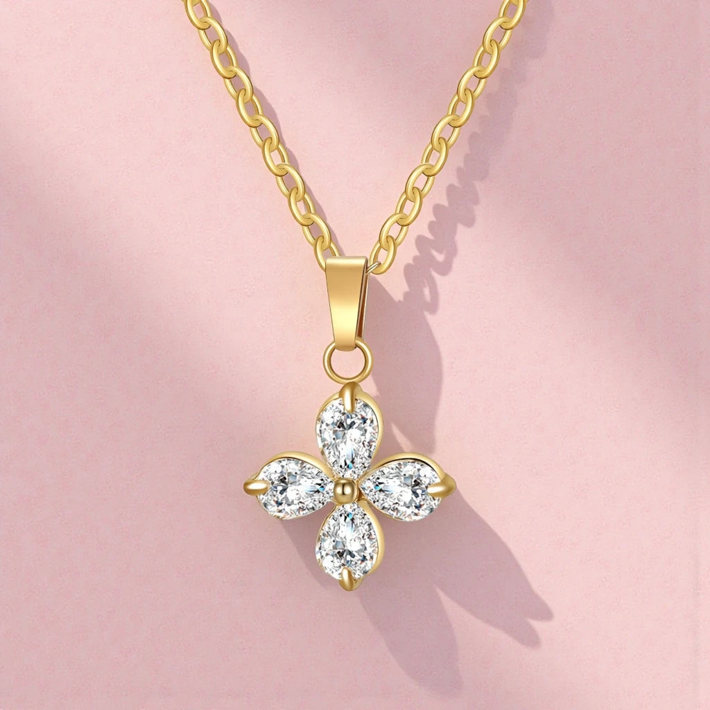 Waterproof Gold Plated Stainless Steel Cubic Zirconia Floral Marquise Pendant Necklace