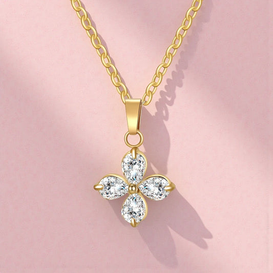 Waterproof Gold Plated Stainless Steel Cubic Zirconia Floral Marquise Pendant Necklace